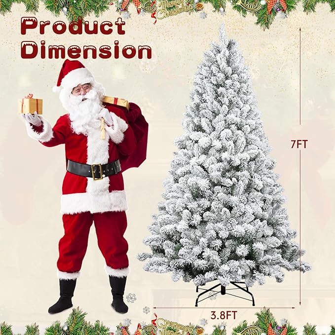 7Ft Flocked Christmas Tree,Realistic Snow-Covered Artificial Xmas Tree with Hinged Branches for Easy Setup,w/1400 Snow Flocked Branch Tips for Home,Office,Party Decoration