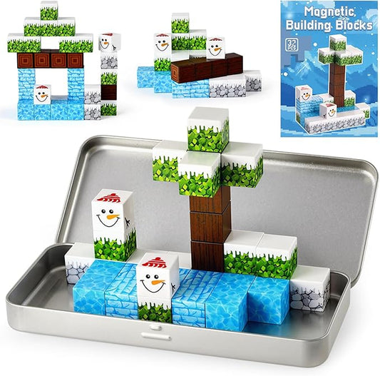 3 otters 32PCS Magnetic Blocks, STEM Toys for Kids Travel Magnetic Tiles with Storage Box for Kids Party Birthday Gift (Winter)
