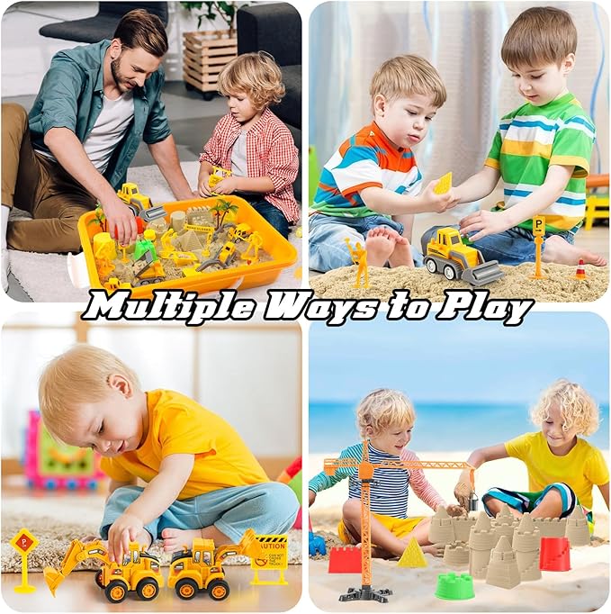 Sand Construction Site Kit - Play Sand Art Kit with 7 Construction Truck, 2lbs magic sand, Castle Molds, Crane, construction sensory bin for Preschool Learning Activities Gifts for Boys Girls Age 3+