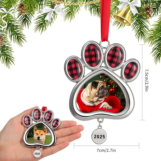 2PCS Dog Christmas Picture Frame Ornaments, 2025 Dogs Paw Photo Frames Xmas Puppy Ornament Home Decoration Keepsake for Pet Memorial Gifts, Animal Lovers Gift, Pets Owner Presents