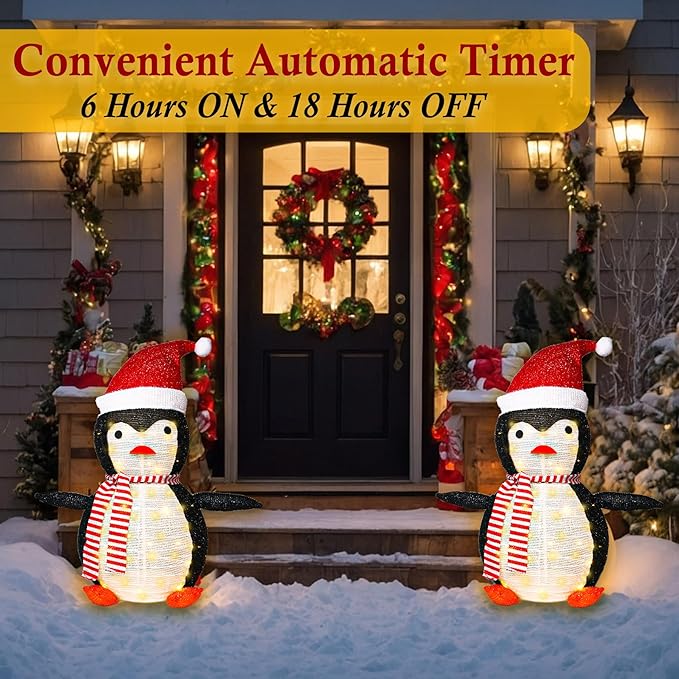 Penguin Christmas Decorations Outdoor, 28 Inch Collapsible Penguin Outside Christmas Decorations with 45 LED Lights, Light Up Xmas Yard Decorations, Lighted Porch Lawn Decor