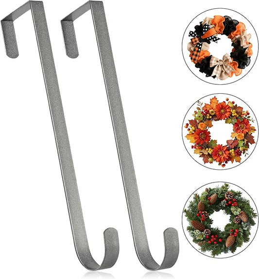 MCFULL 14 in Wreath Hangers for Front Door,Sturdy Metal Wreath Doors Hangers,Over The Door Hooks for Front Porch Decor,Silver Garland Hooks Holders for Halloween Christmas Decorations,2 Packs