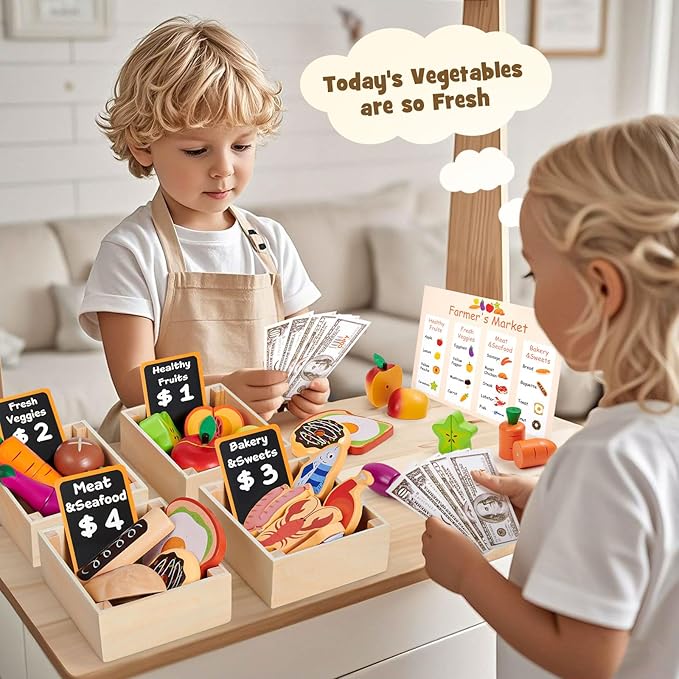 Toyssa Wooden Play Food Sets for Kids Kitchen, Play Toy Foods for Toddlers with Realistic Colors & Play Money, Pretend Play Kitchen Accessories Christmas Birthday Gifts for Girls Boys 3 4 5 6 7