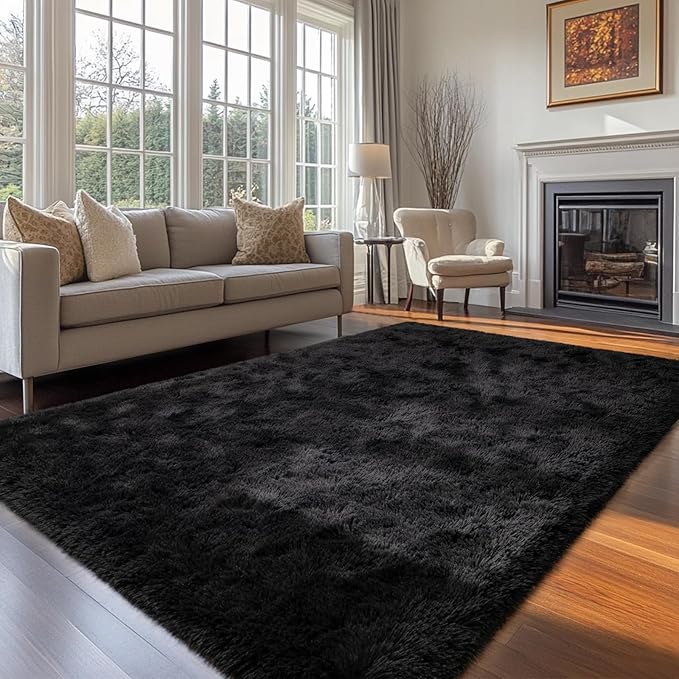 8x10 Black Fluffy Area Rug for Living Room Machine Washable, Shag Bedroom Rugs Non Slip, Plush Carpet for Nursery, Kid Boy Girl Room