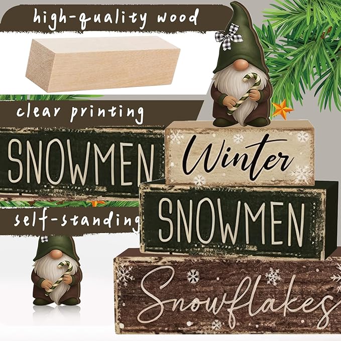 4 Pcs Christmas Decorations Indoor - Wooden Gnome Table Decoration for Home - Christmas Centerpiece For Table - Winter Tiered Tray Decor Rustic Farmhouse Xmas Gift for Home Kitchen Mantel