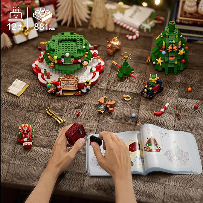 JAKI Christmas Tree Building Set, Rotating Music Box Christmas Tree with Lights, Christmas Decorations for Tabletop & Home, for Boys & Girls Ages 8+