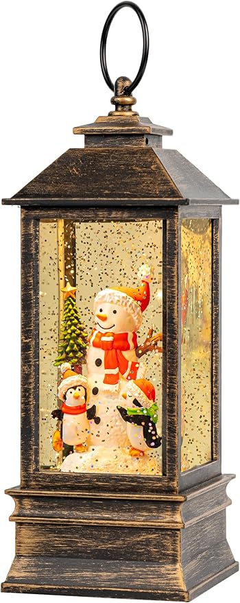 10'' Musical Snow Globe Lantern Lighted Snowman with Penguin Water Lantern Swirling Glittering Home Decoration and Gift, Battery Operated or USB Powered
