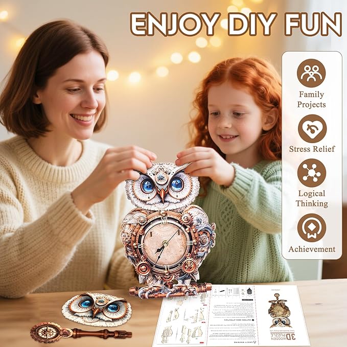 3D Puzzles for Adults Clock-Mechanical Owl Design Model Kit-Mechanical DIY Pendulum Clock with Roman Numerals-Desk Home Office Decor Personalized Gift for DIY Lovers