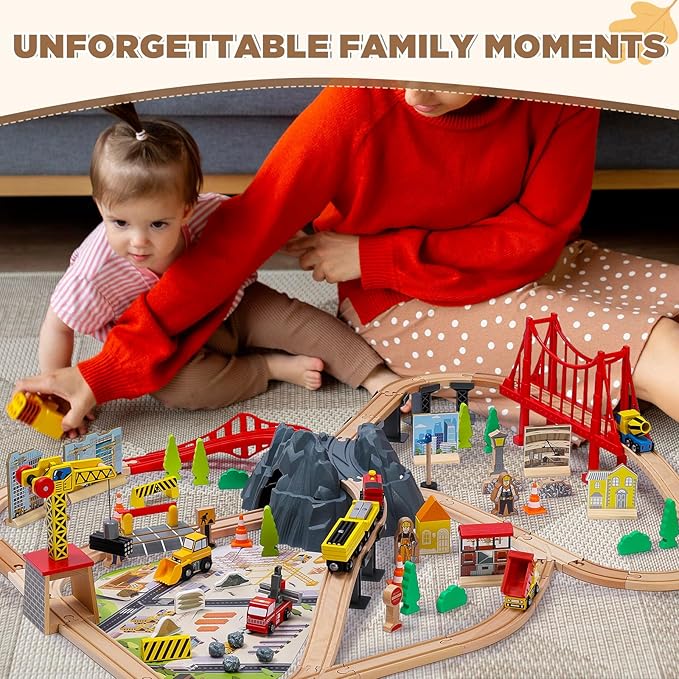 SainSmart Jr. 112PCS Wooden Train Set - Construction Theme Toy Train for Toddler, Train Tracks Compatible with All Major Brands, Ideal Railway Playset for Boys and Girls Idea