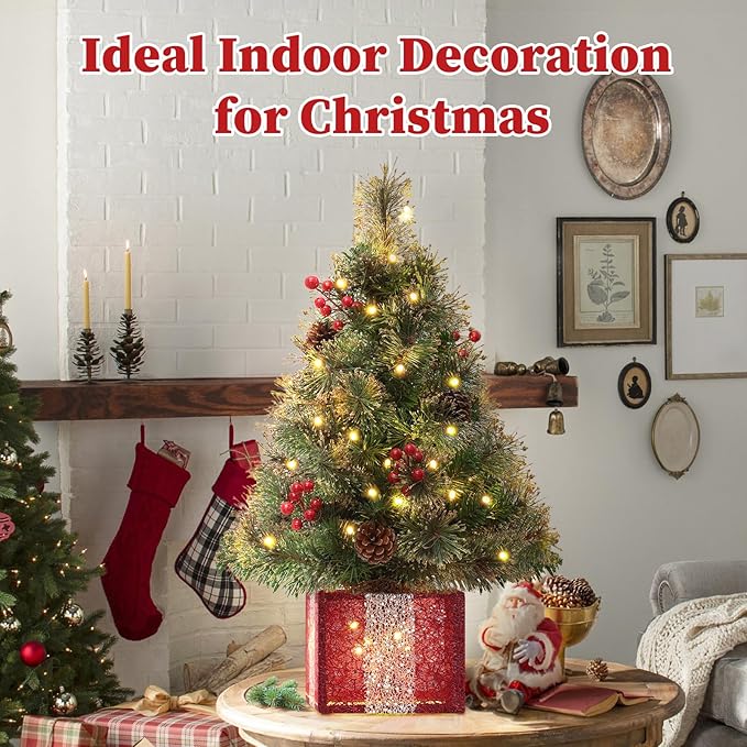 Mini Christmas Tree with Lights, 2 Foot Tabletop Christmas Trees with Gift Box Base&Ornaments, Easy Setup Artificial Xmas Trees, Twinkling Tiny Christmas Tree Battery Powered for Bedroom
