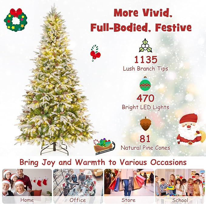 Goplus 7.5 FT Pre-Lit Artificial Christmas Tree, Snow Flocked Hinged Xmas Tree with 470 Warm-White LED Lights, 1135 Tips, 81 Pine Cones, Lighted Xmas Tree for Office Home Decoration