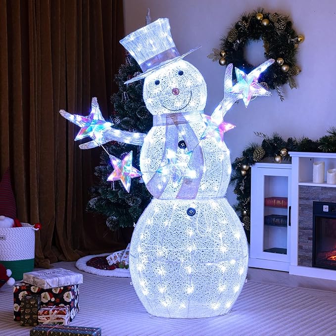 Tangkula 5 FT Christmas Lighted Snowman with Stars, Lighted Christmas Decoration with 140 Cold White LED Bulbs, Ground Stakes & Zip Ties Included, Xmas Festive Decoration for Indoor & Outdoor