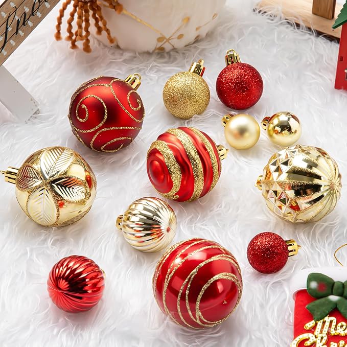 100Pcs Christmas Ball Ornaments Set, Shatterproof Plastic Red and Gold Christmas Ornaments for Xmas Tree, Assorted Baubles Hanging Decorations for Holiday/Party/Wedding
