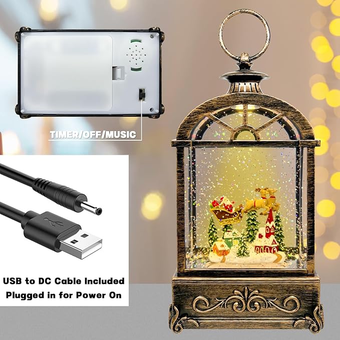 Musical Christmas Snow Globe Lantern - USB/Battery Operated Swirling Glitter Lantern with Timer, Snow Globe Decoration for Home Holiday Decor (Deer)