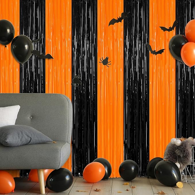 2 Pack Halloween Photo Backdrop, 3.28 FT x 7.05 FT Orange and Black Party Streamer, Metallic Foil Fringe Curtains Tinsel Backdrop, Halloween Birthday Party Decorations Hanging Decor Indoor