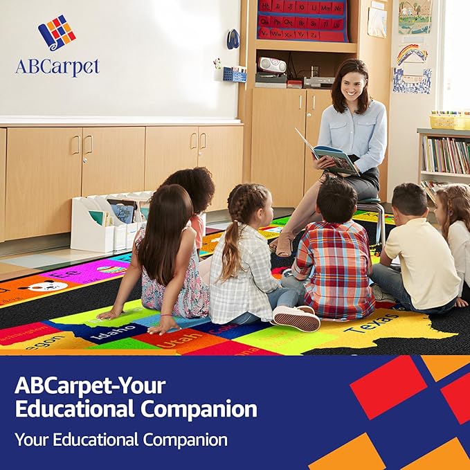 Map Classroom Rug 7'5"x13' United States Map Classroom Carpet Colorful Alphabet Educational USA Map Non Slip Black Playmat for Elementary, Nursery, Preschool, Kids Room, Study Room