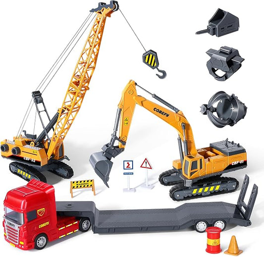Kids Construction Toys for Boys, Excavator and Crane Trucks, Semi Truck Trailer Lowboy Tractor, Construction Playset for Toddlers, Gift for 3 Years Old and Up, Ideal Birthday Party Favor