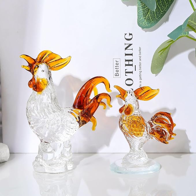 Movdyka 2pc Brown Crystal Chicken Rooster Figurine Table Art Sculpture Decor Hand Blown Glass Farm Animal Table Ornament Decoration Statue Rooster Gifts for Women