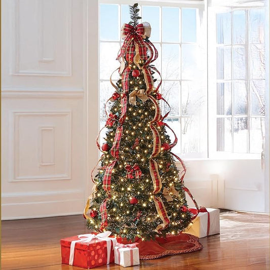 BrylaneHome 7.5 Ft Fully Decorated Pre-Lit Pop-Up Christmas Tree with 450 Warm Lights & Included Stand, Collapsible, Easy Assembly - Plaid