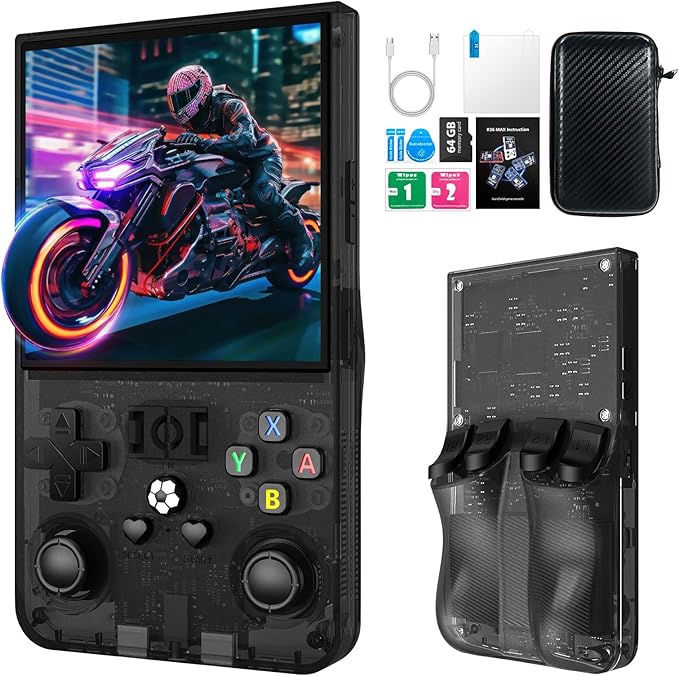 2025 New R36MAX Retro Handheld Game Console, 4.0 Inch IPS Screen Retro Gaming Console, 18000+ Classic Games, Linux System, 4000mAh Battery Portable Pocket Mini Arcade, Built-in 64G, Black