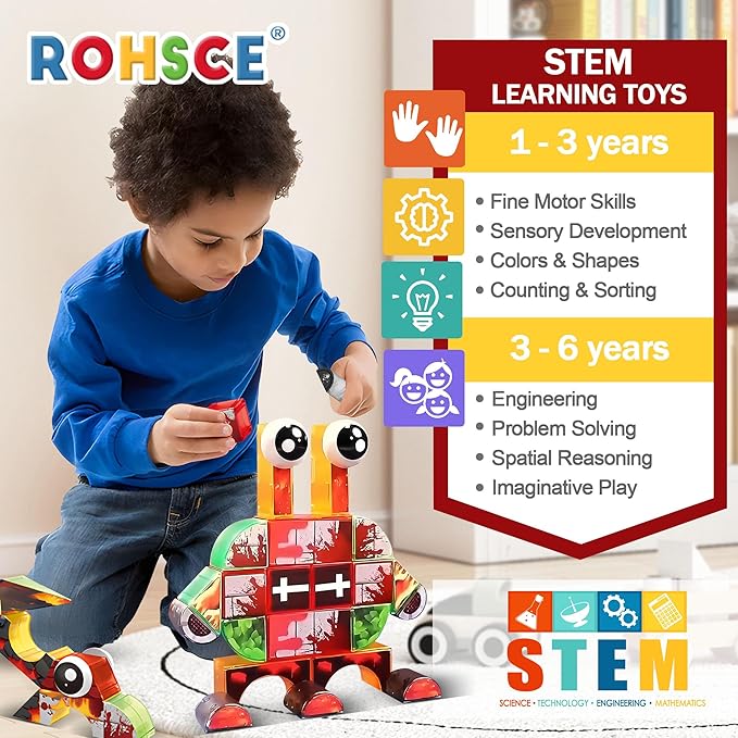 Magnetic Blocks 122PCS - Flame Theme Translucent Shapes, STEM Preschool Construction kit, Safe ABS no-Odor, CPC ASTM Compliant, Travel-Ready Ages 3–12, Ideal Birthday