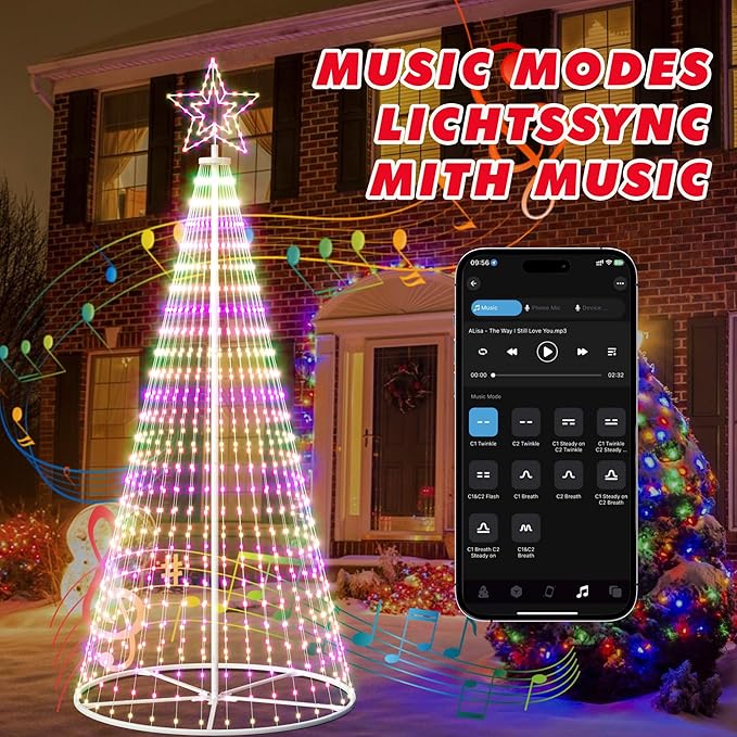 Outdoor Christmas Tree, 12 ft Prelit Christmas Tree, Smart Cone Outside Christmas Trees Light Show, App Control with LED Lights Color Changing Christmas Trees Lighting