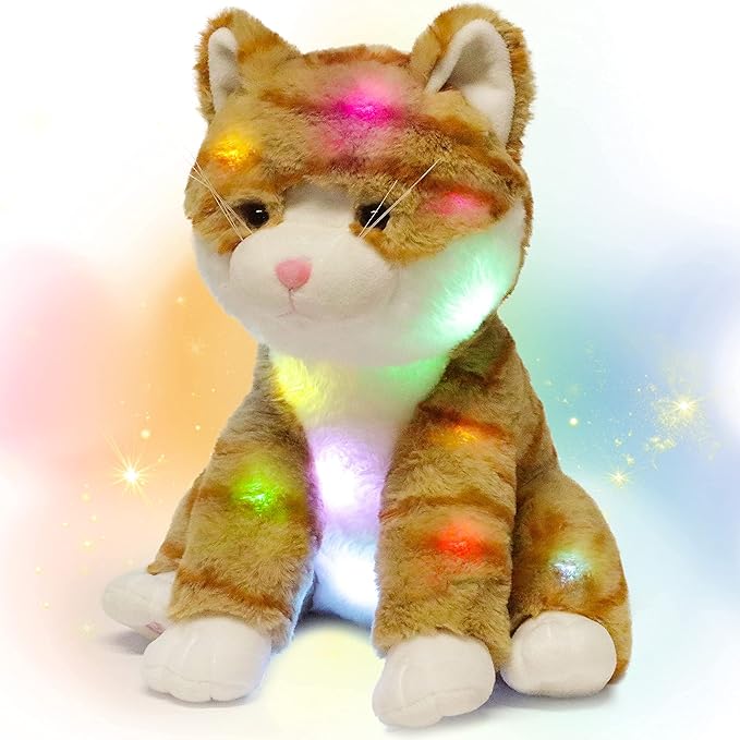 Hopearl LED Plush Kitty Lighting Up Stuffed Animal Cat Floppy Kitten Night Lights Glow in The Dark Birthday Festival for Kids Toddler Girls, Orange, 12.5''