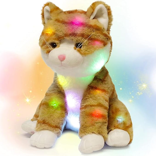 Hopearl LED Plush Kitty Lighting Up Stuffed Animal Cat Floppy Kitten Night Lights Glow in The Dark Birthday Festival for Kids Toddler Girls, Orange, 12.5''