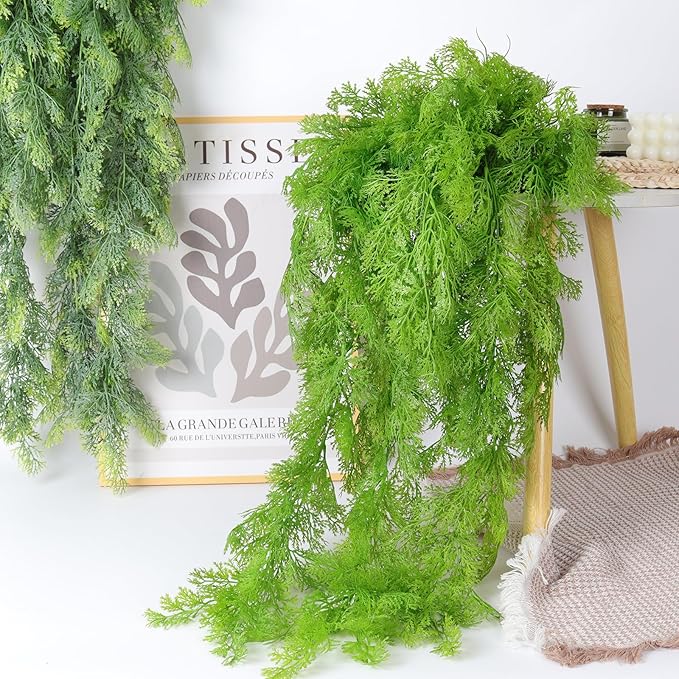 RECUTMS 3 Pcs Artificial Fake Hanging Ferns Plants Vine Ivy Outdoor UV Resistant Plastic Faux Plant for Outside Decoration (Green)