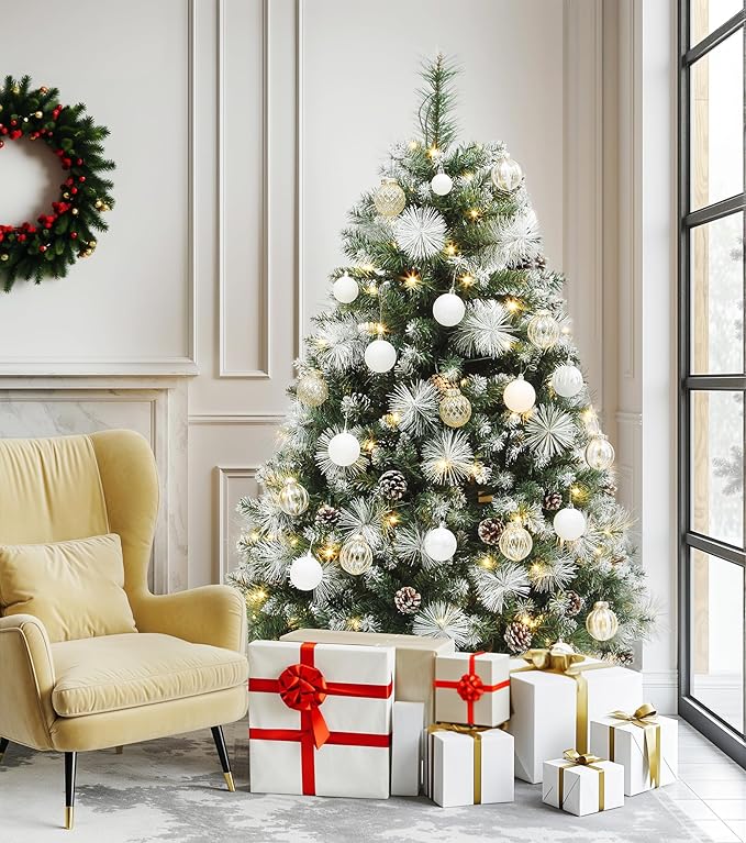 DWVO Prelit Christmas Tree 4.5ft with 34 Pine Cones & White Pine Needle, Atificial Tree with 150 LED Lights, Full Green Xmaxs Trees with 396 Metal Hinged Branch Tips & Stand Remote Controlled