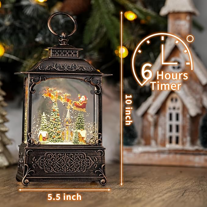 Christmas Snow Globe with Santa & Flying Reindeer Sleigh Church Sence, Light Up Christmas Snow Globes with Music Timer - Glitter Globe Indoor Christmas Decorations