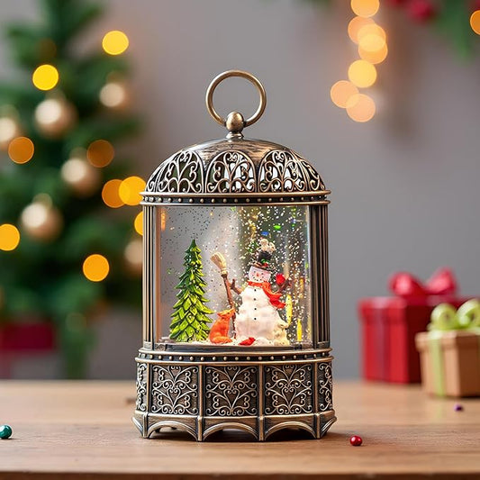 11" Christmas Snow Globe Lantern Winter Home Decor Rotating Snowflakes with Music and Timer Function USB or Battery Powered (Snowman)