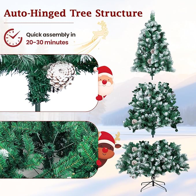 7ft Green Artificial Christmas Tree, Premium Unlit Holiday Xmas Tree for Home Office Party Decoration with 1000 PVC Hinged Partially Frosted Branch Tips, 40 Real Pinecones, Foldable Stand