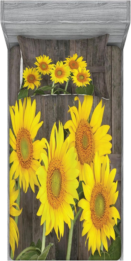Ambesonne Sunflower Fitted Sheet & Pillow Sham Set, Helianthus Sunflowers Against Weathered Aged Fence Summer Garden Photo, Decorative Printed 2 Piece Bedding Decor Set, Twin, Brown Yellow