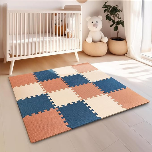 TCBunny Kids Soft EVA Foam Jigsaw Puzzle Play Mat, 18 Interlocking Tiles and Edges Baby Play Mat, for Kids Gym, Nursery, Playroom, Pet Mat, Total Floor Coverage 16 Sq Ft, Blue/Pink/Cream