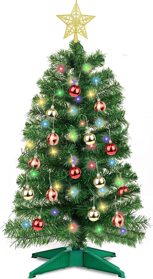 3 Ft Green Christmas Tree Tinsel Dual Color Change 12 Modes Timer DIY 50 Warm White & Colored Lights 15 Ball Ornaments Star Battery Operated Small Artificial Full Xmas Tree Table Indoor Holiday Decor