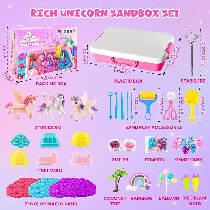 MYDOVA Unicorn Sensory Bin for Girl, Magic Sand Art Kit for Boys and Girl with Sandbox, Castle Molds, 2.18lb 3 Color Sand, Best Unicorn Toy Kits Christmas Birthday Gift for Toddler Ages 3+