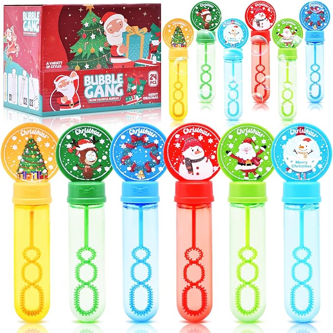 24 Pack Christmas Bubble Wands for Kids - Holiday Themed Bubble Sticks with Santa, Reindeer & Snowman Designs, Refillable Bubbles Bulk Toys for Stocking Stuffers, Boys Girls Gifts, Party Favor