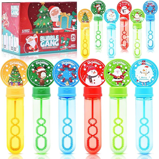 24 Pack Christmas Bubble Wands for Kids - Holiday Themed Bubble Sticks with Santa, Reindeer & Snowman Designs, Refillable Bubbles Bulk Toys for Stocking Stuffers, Boys Girls Gifts, Party Favor