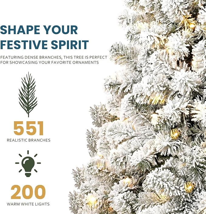 Kadunmina 5ft Pre-lit Artificial Christmas Tree, Hinged Snow Flocked Xmas Trees with 200 Incandescent Warm White Lights,551 Branch Tips and Metal Stand for Home,Office,Holiday Decor,Green & White