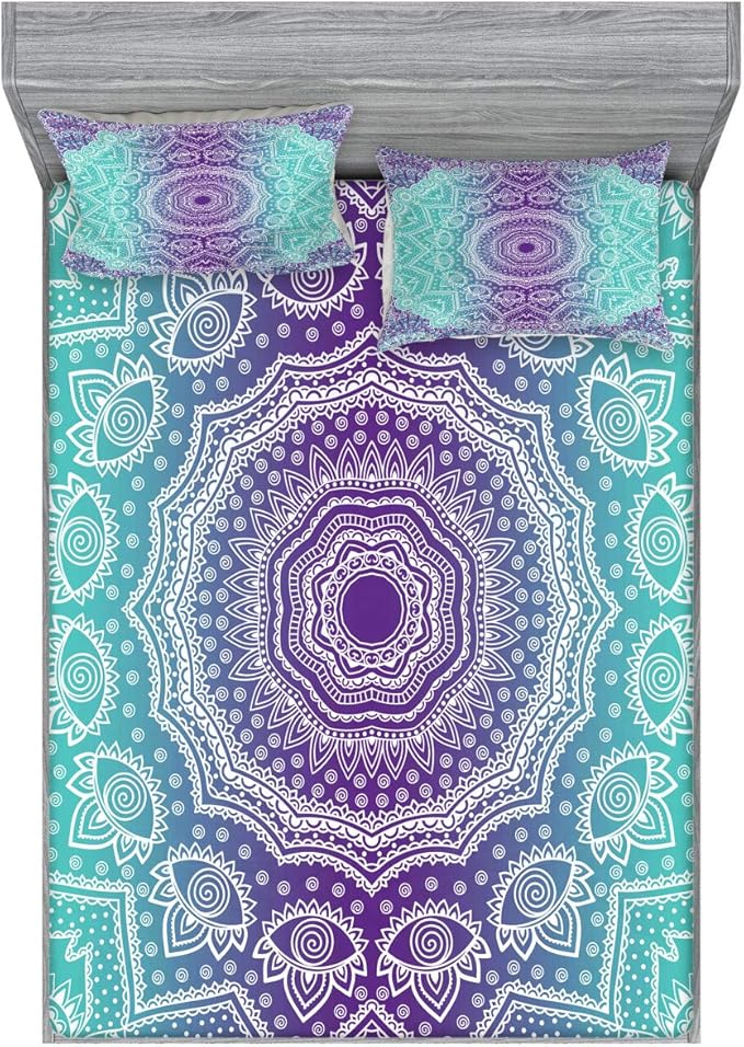 Ambesonne Purple and Turquoise Fitted Sheet & Pillow Sham Set, Hippie Ombre Mandala Inner Peace and Meditation with Ornamental Art, Decorative Printed 3 Piece Bedding Decor Set, Calking, Aqua