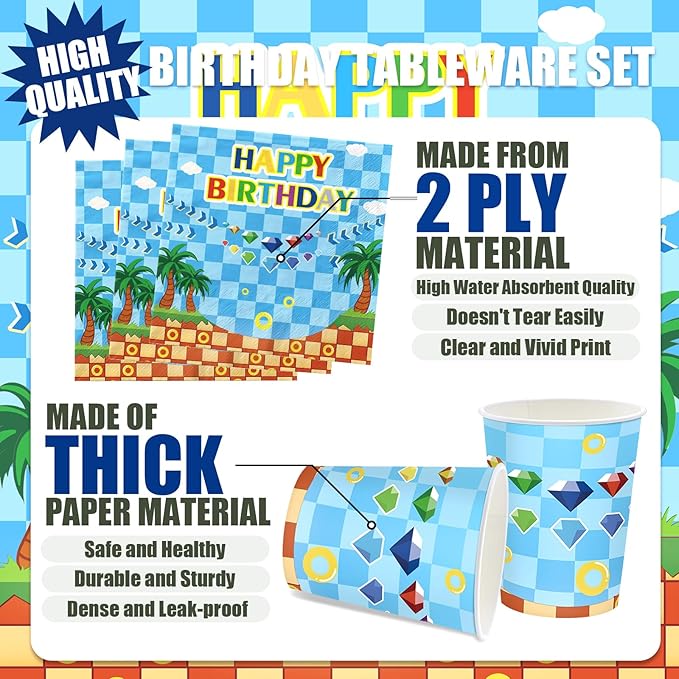 168pcs Cartoon Hedgehog Party Supplies Hedgehog Theme Birthday Decorations Tableware Set Paper Plates and Napkins Serves 24