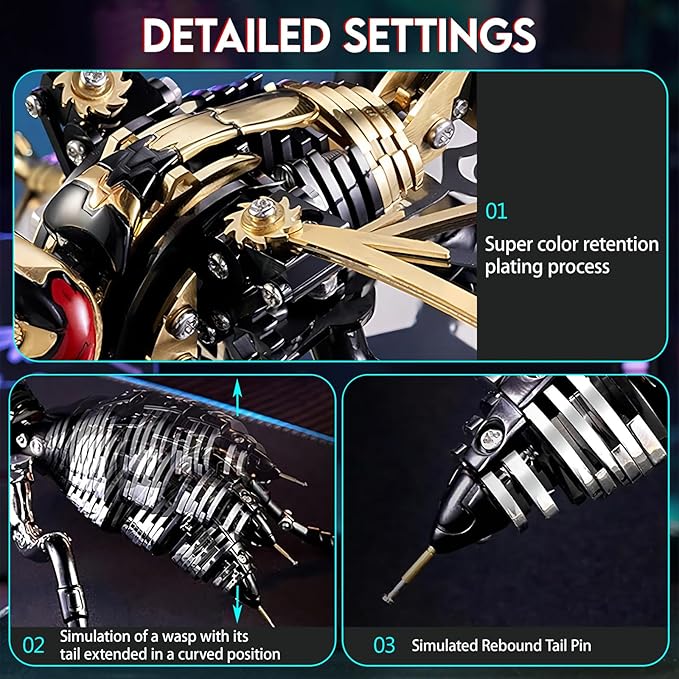 3D Metal Puzzles, Metal Puzzle Model Kits for Adults Wasp Mechanical, Steel 3D Puzzle Stainless Steel Ornaments for Adults DIY Gifts for Men Women Art Craft Gifts Toys(Blank Gold).