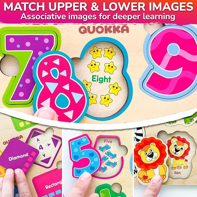 QUOKKA Toddler Puzzles Ages 2-4 – Wooden Puzzles for Kids 1-3-5 Year Old – Learning Travel Game with Numbers Animals Shapes – Wood Educational Gift for Boys and Girls