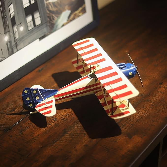 Vintage American Airplane Model Decor Nostalgic Aviation Military Handmade Metal Diecast Biplanes WW1 Style Decoration for MancaveTabletop Office Shelf Bar Collectible Aircraft Gift
