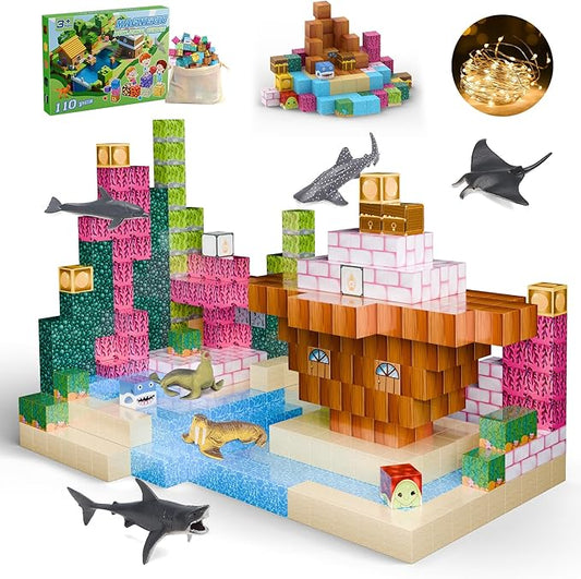 Magnetic Blocks 110PCS with 6 Animal Toys, Ocean Building Blocks Set, Toys for Boys & Girls Age 6-8, STEM Montessori Stacking Building for Toddlers Sensory for Kids 6+