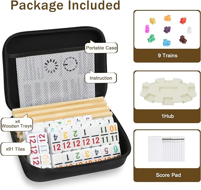 Mexican Train Dominoes Set with Numbers and 4 Wooden Trays/Racks, Double 12 Dominos Travel Set with 4 Tiles Holders, 91 Tiles Double 12 Colored Dominoes Game Set with Portable Case for Families Kids