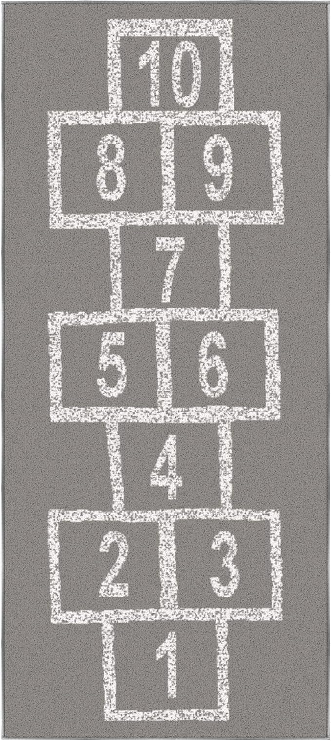 Ottomanson 2'7" x 6' Hopscotch Kids Rug - Play Mat for Playroom, Bedroom, Daycare & Classroom - Fun & Interactive Game Carpet - Durable and Non-Slip - Perfect for Learning & High-Traffic Areas, Gray
