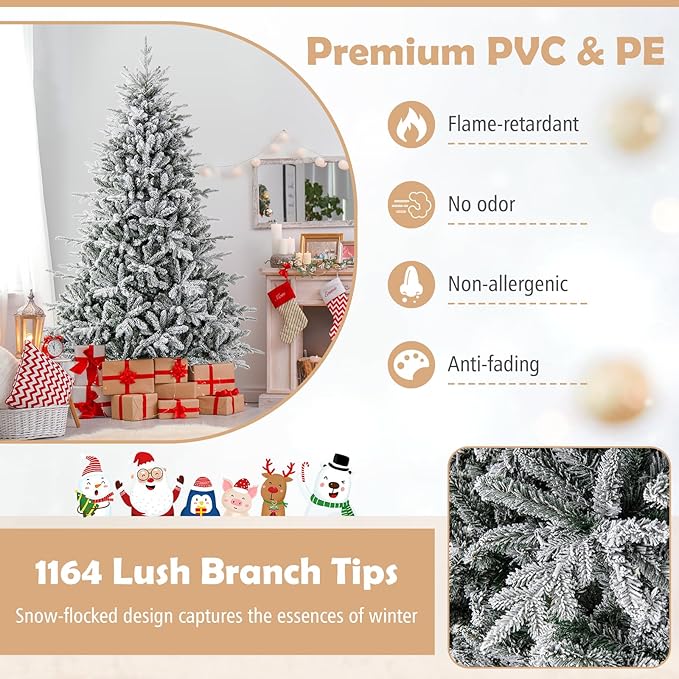 GOFLAME 7ft Pre-Lit Christmas Tree Snow Flocked, Hinged Artificial Xmas Tree with 1164 Branch Tips, 350 Multi-Color LED Lights, 8 Lighting Modes, Holiday Decoration Tree for Home Office Party