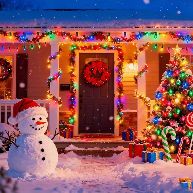 C7 Multicolor Christmas Lights Outdoor, 25FT Vintage Christmas Light Green Wire with 25+2 Clear Multicolored Bulbs, Outdoor String Lights for Xmas Tree Home Yard Wedding Party Decorations